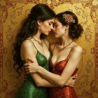 Elegant women in luxurious gowns with gold jewelry