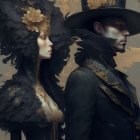 Gothic Couple in Elegant Black Attire with Floral Accents