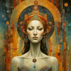 Ethereal Woman with Colorful Headdress and Abstract Background