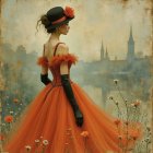 Elegant Woman in Orange Gown with Dreamy Landscape