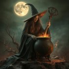 Witch in Moonlight with Cauldron and Enchanting Setting