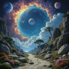 Alien Landscape with Stone Pathway and Planets