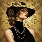 Elegant Woman in Black Hat with Golden Roses