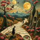 Whimsical Landscape with Musical Notes and Vibrant Nature