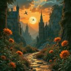 Scenic landscape with stone path and castles at sunset