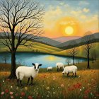 Picturesque Sunset Landscape with Grazing Sheep