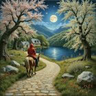 Rider on Horseback by Tranquil Lake and Mountains
