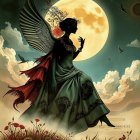 Silhouetted Woman with Wings Against Full Moon