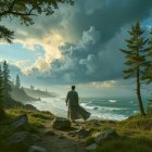 Man in flowing robe walking along rocky coastline path
