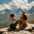 Scenic Mountain Landscape with Two Women in Conversation