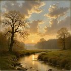 Serene Sunset Landscape with River and Lush Meadows