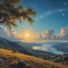Tranquil River Landscape at Sunset with Wildflowers