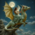 Young Woman Rides Green Dragon Under Full Moon