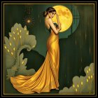 Elegant Woman in Golden Gown Against Green Backdrop