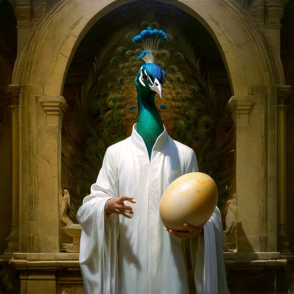 Peacock-Headed Figure in Classical Setting with Egg
