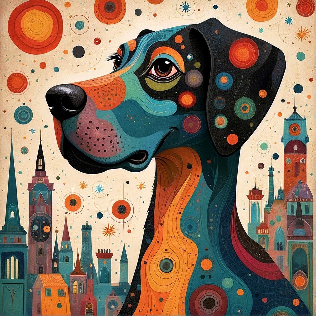 Colorful Abstract Dog Head with Whimsical Cityscape