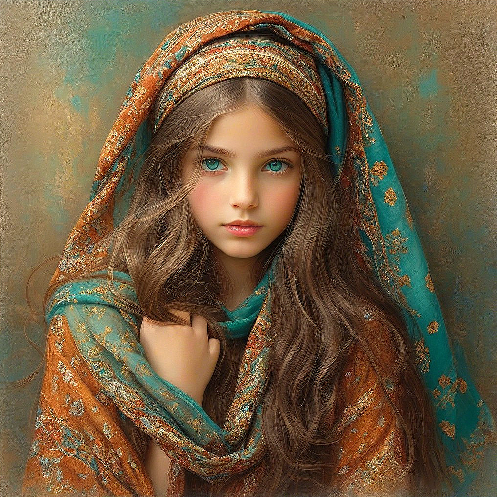 Portrait of a Young Girl with Green Eyes and Scarf