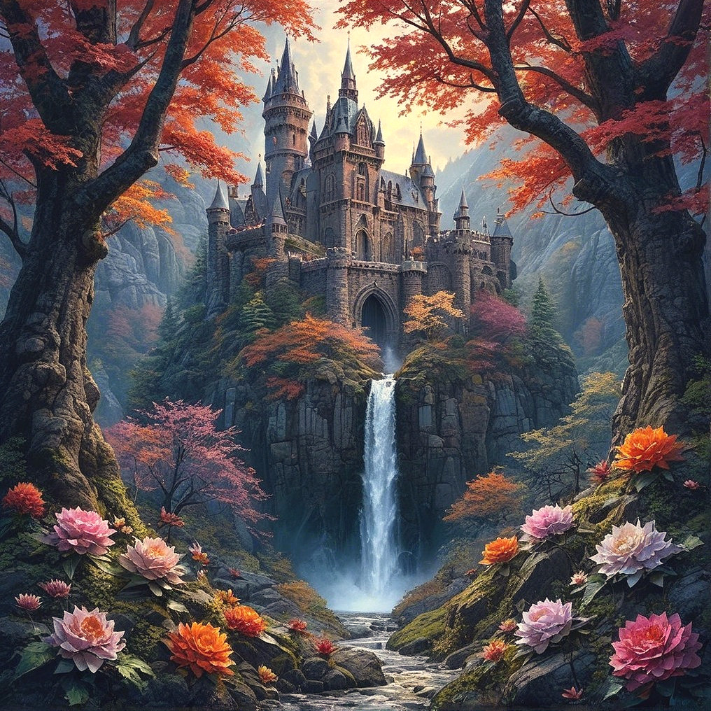Majestic castle in vibrant autumn landscape with waterfall