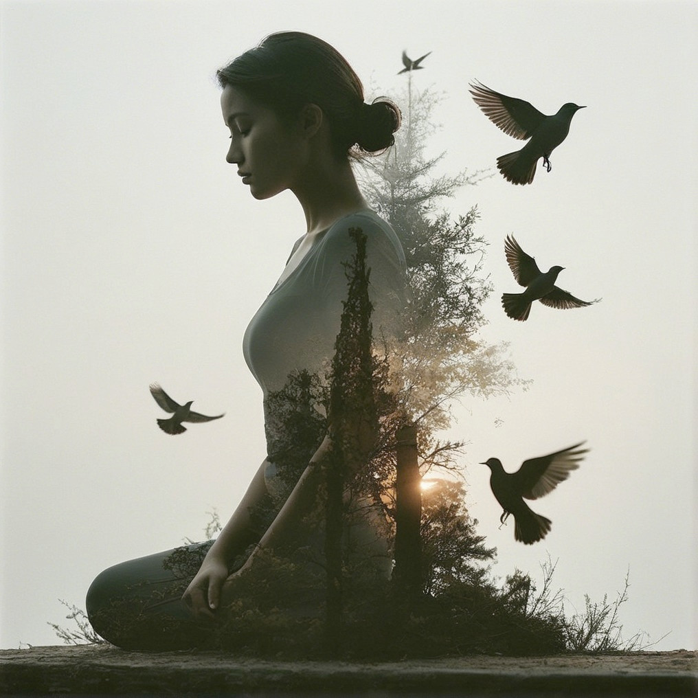 Silhouette of a Woman Merged with Nature Scene