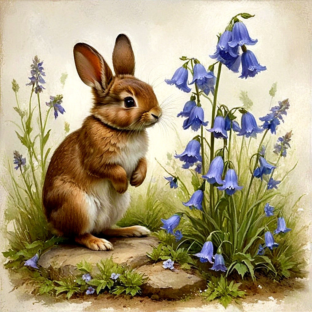 Fluffy Rabbit in a Meadow with Bluebell Flowers