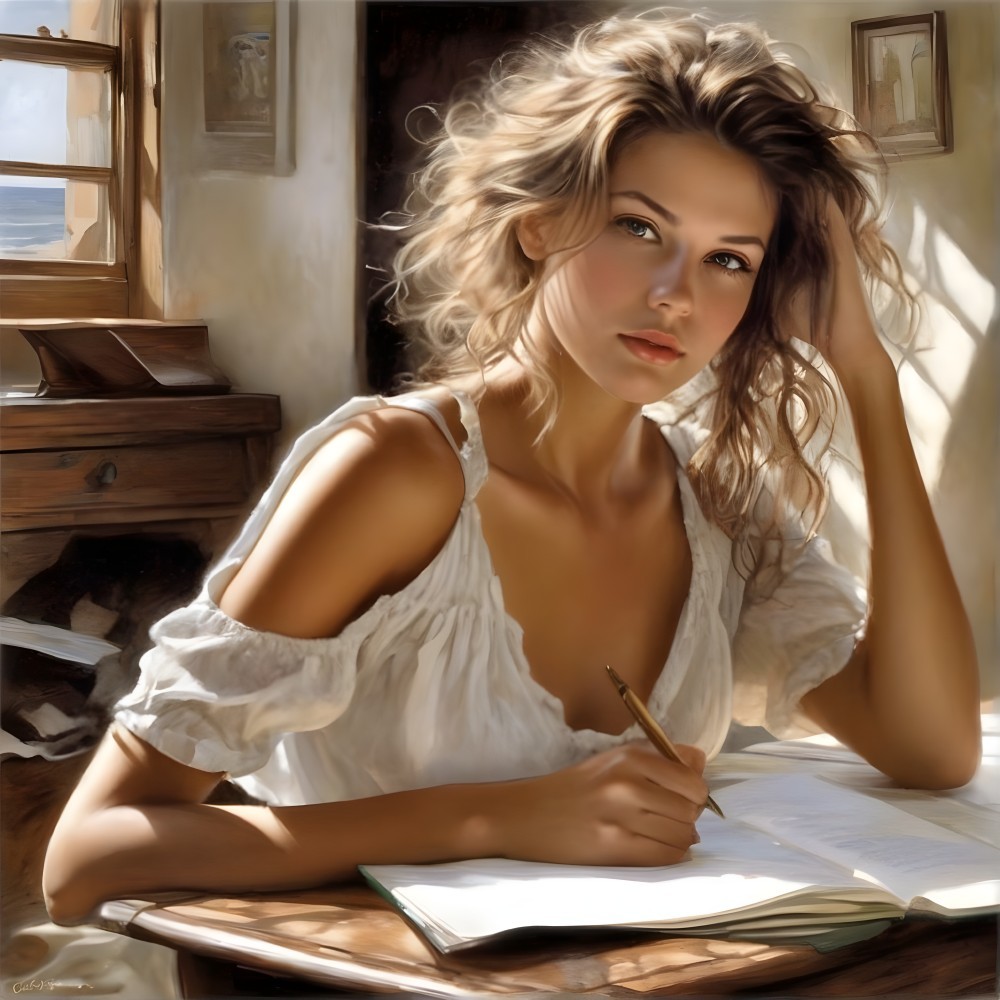 Young woman writing at a wooden table in sunlight