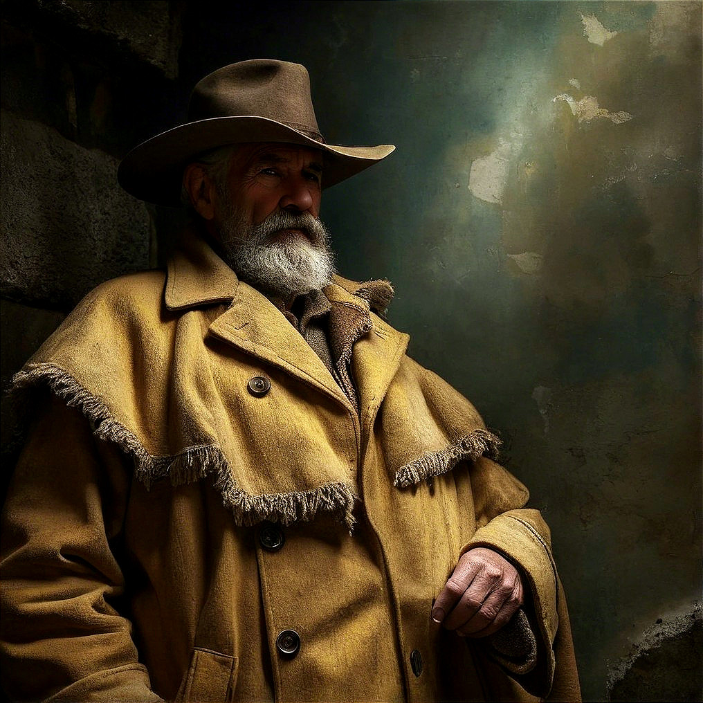 Elderly man in rugged coat and wide-brimmed hat