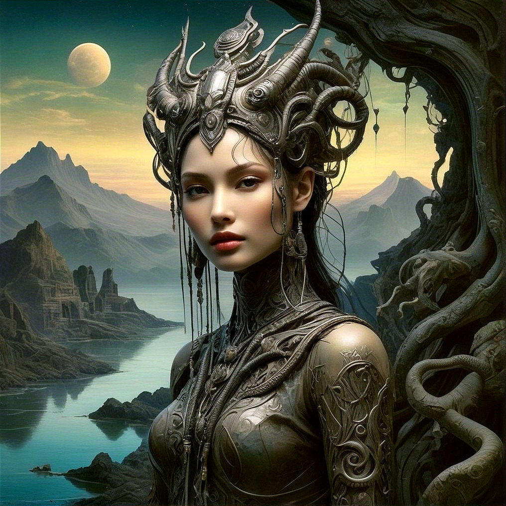 Mystical Figure in Intricate Armor Against Enchanting Landscape