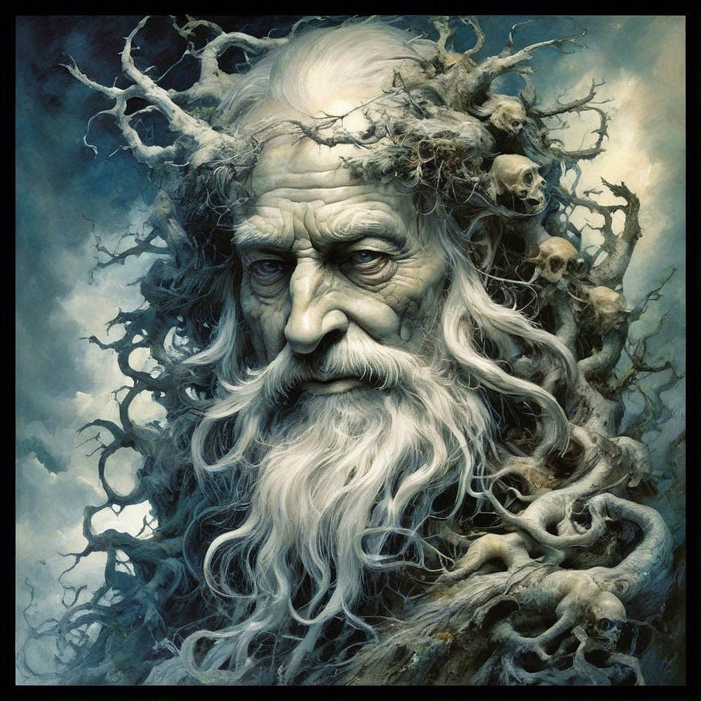Ancient Figure with Beard and Nature Elements