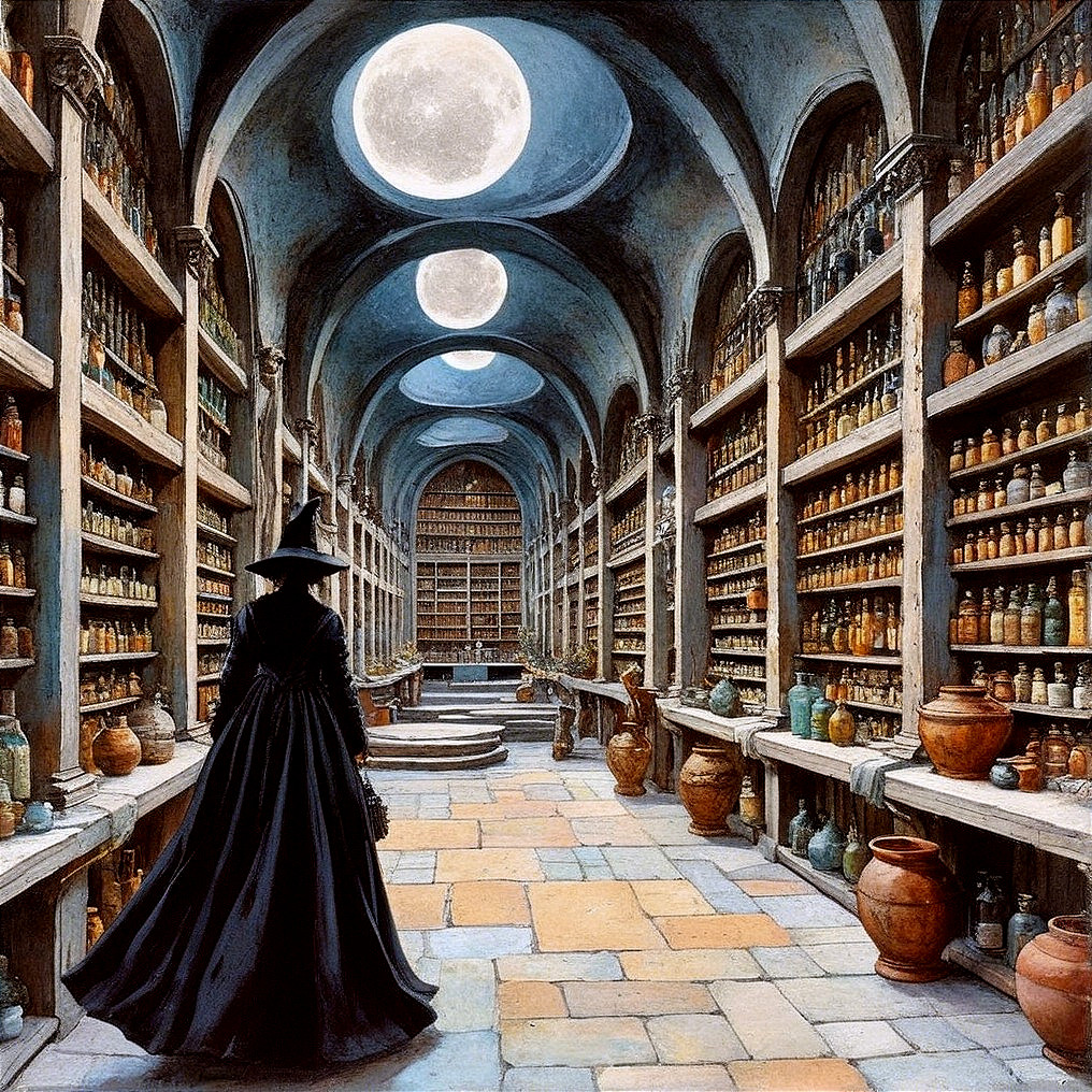 Cloaked Figure in Enchanted Library with Potions