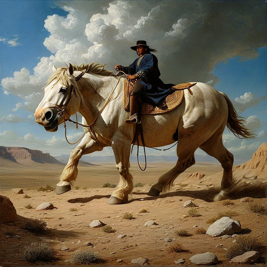 White Horse and Rider in Desert Landscape Scene