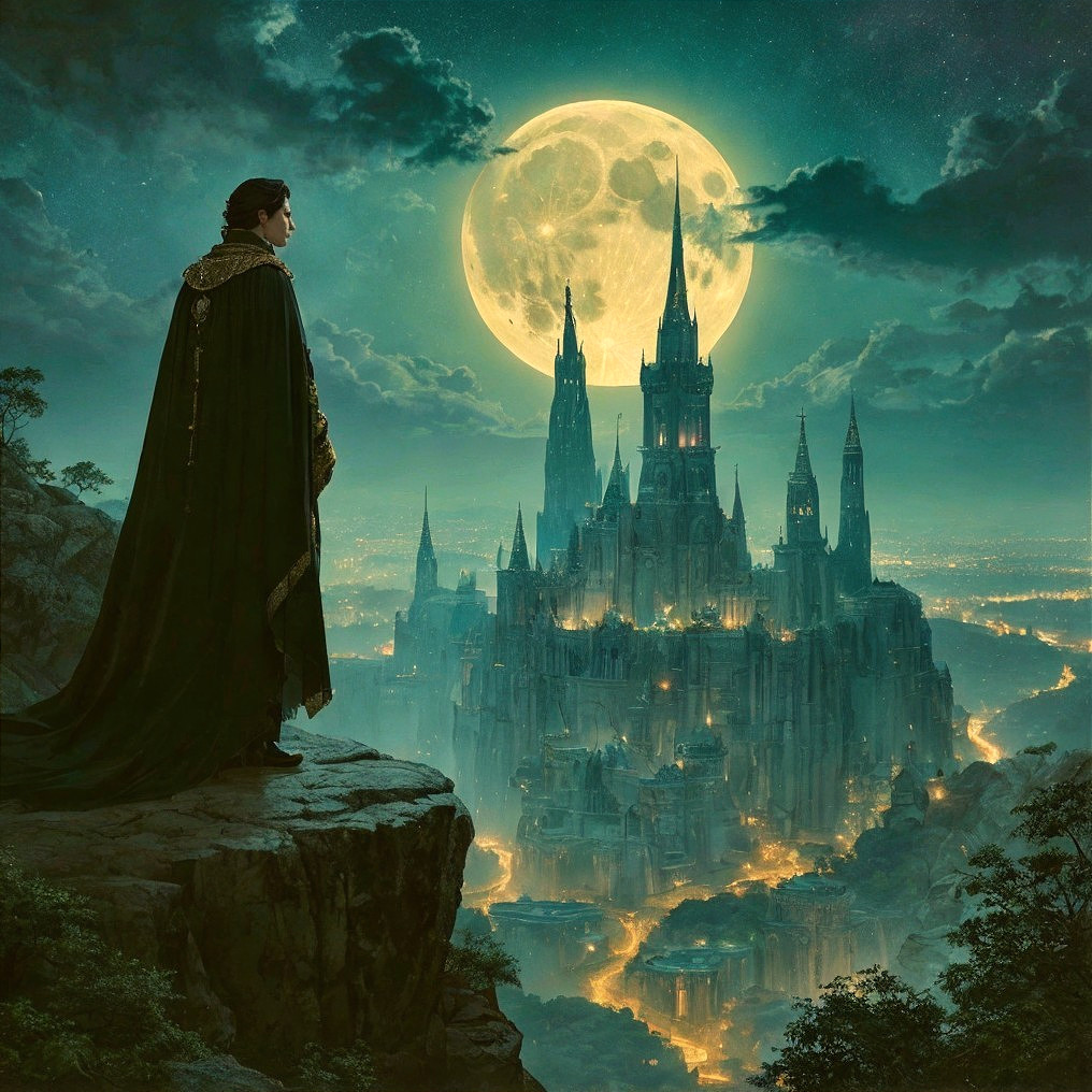 Mysterious Figure Overlooks Enchanted Castle at Night