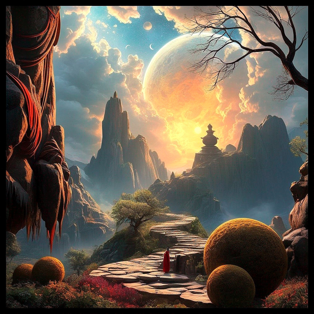Fantasy Landscape with Mountains and Celestial Sky