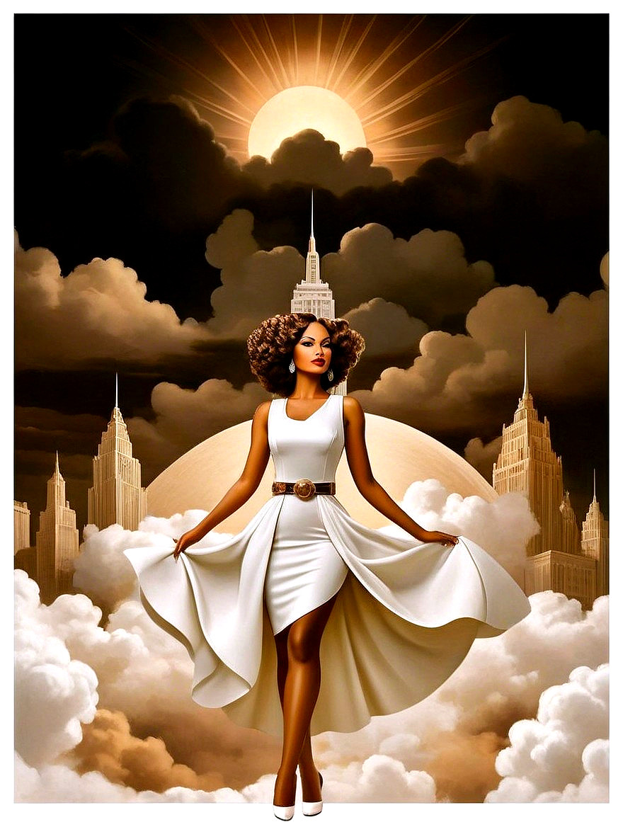 Fashionable Woman in White Dress Against Dramatic Skyline