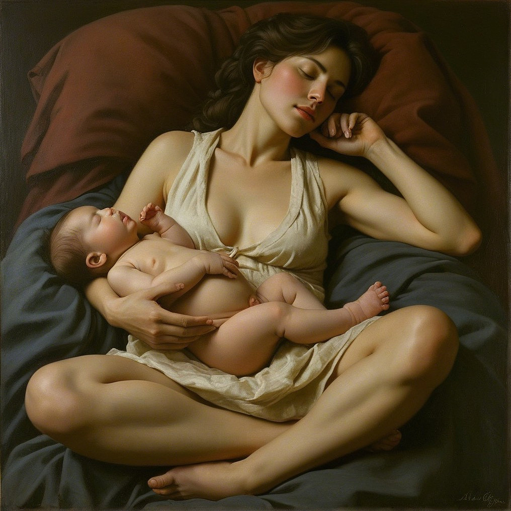 Serene Painting of a Woman Sleeping with Baby