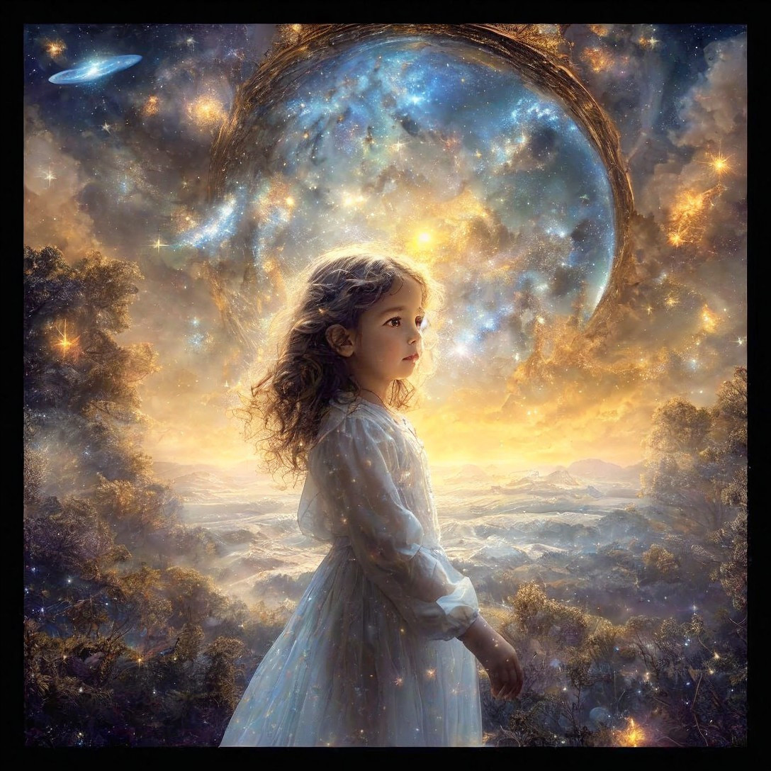 Young girl in white dress in dreamy landscape with stars