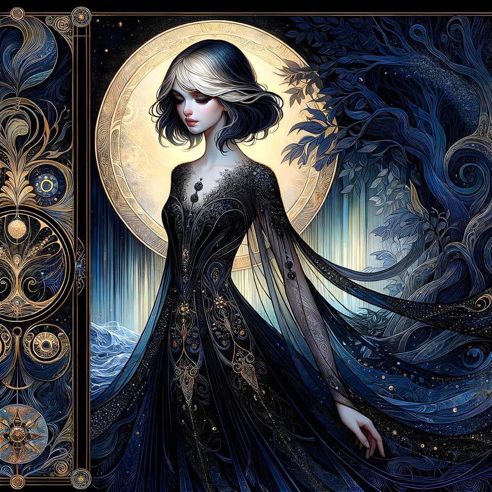 Mystical Figure Under Full Moon in Dark Gown