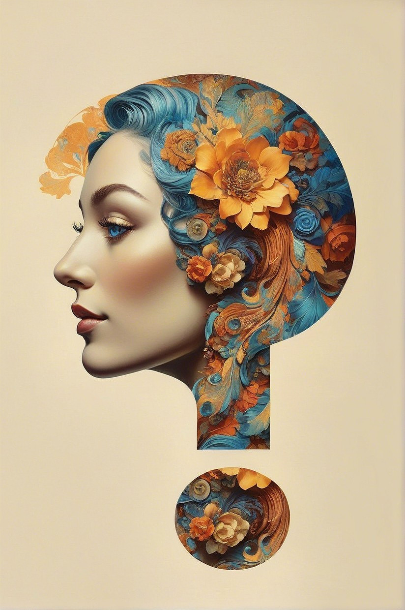 Woman's Profile with Floral Patterns and Question Mark