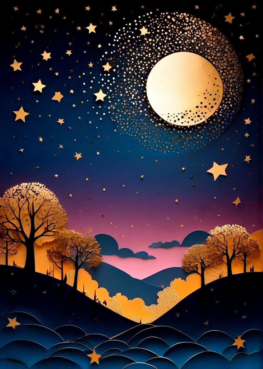 Whimsical Night Scene with Moon and Stars