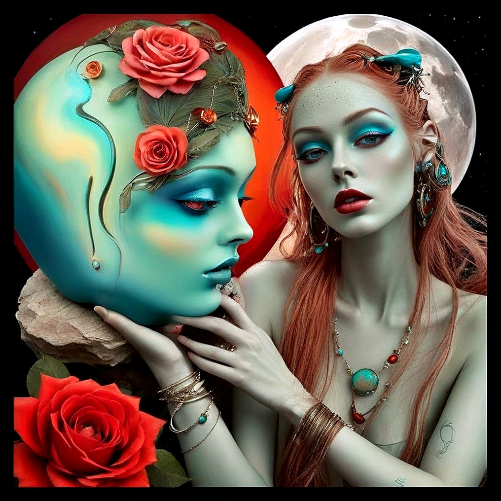 Surreal Composition of Woman with Teal Makeup and Moon