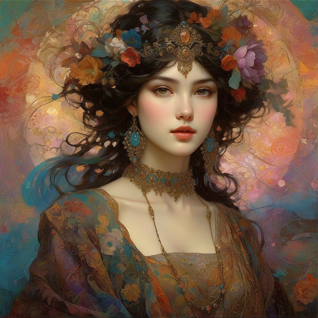 Portrait of a young woman with flowers and jewelry