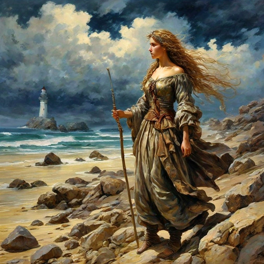 Majestic Woman on Rocky Shoreline with Lighthouse