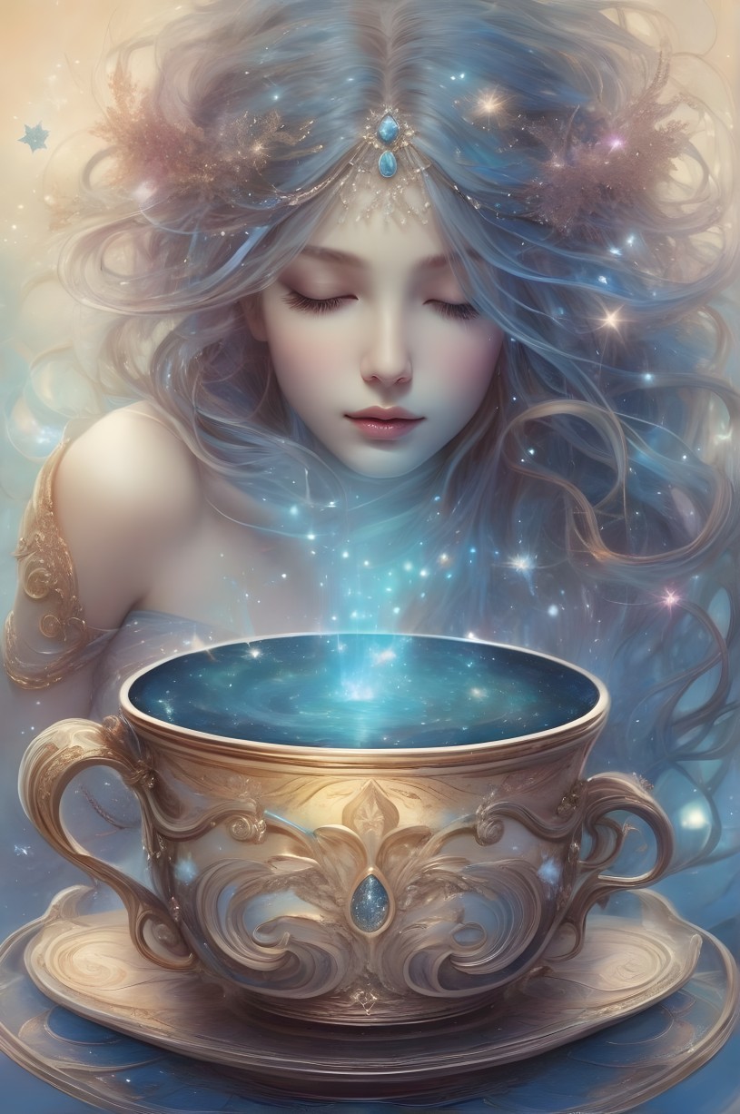 Ethereal Woman with Blue Hair and Ornate Cup