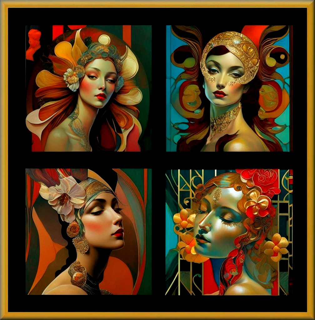 Vibrant Collage of Four Stylized Women's Portraits