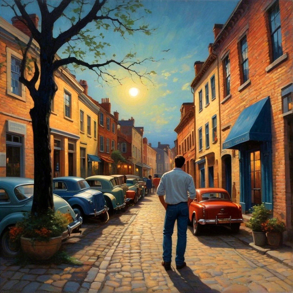 Nostalgic Town Street Scene at Sunset
