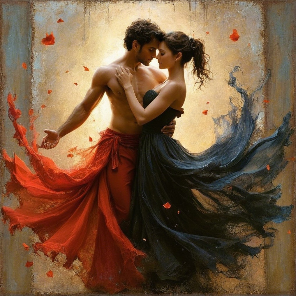 Romantic Dance Scene with Couple in Elegant Attire