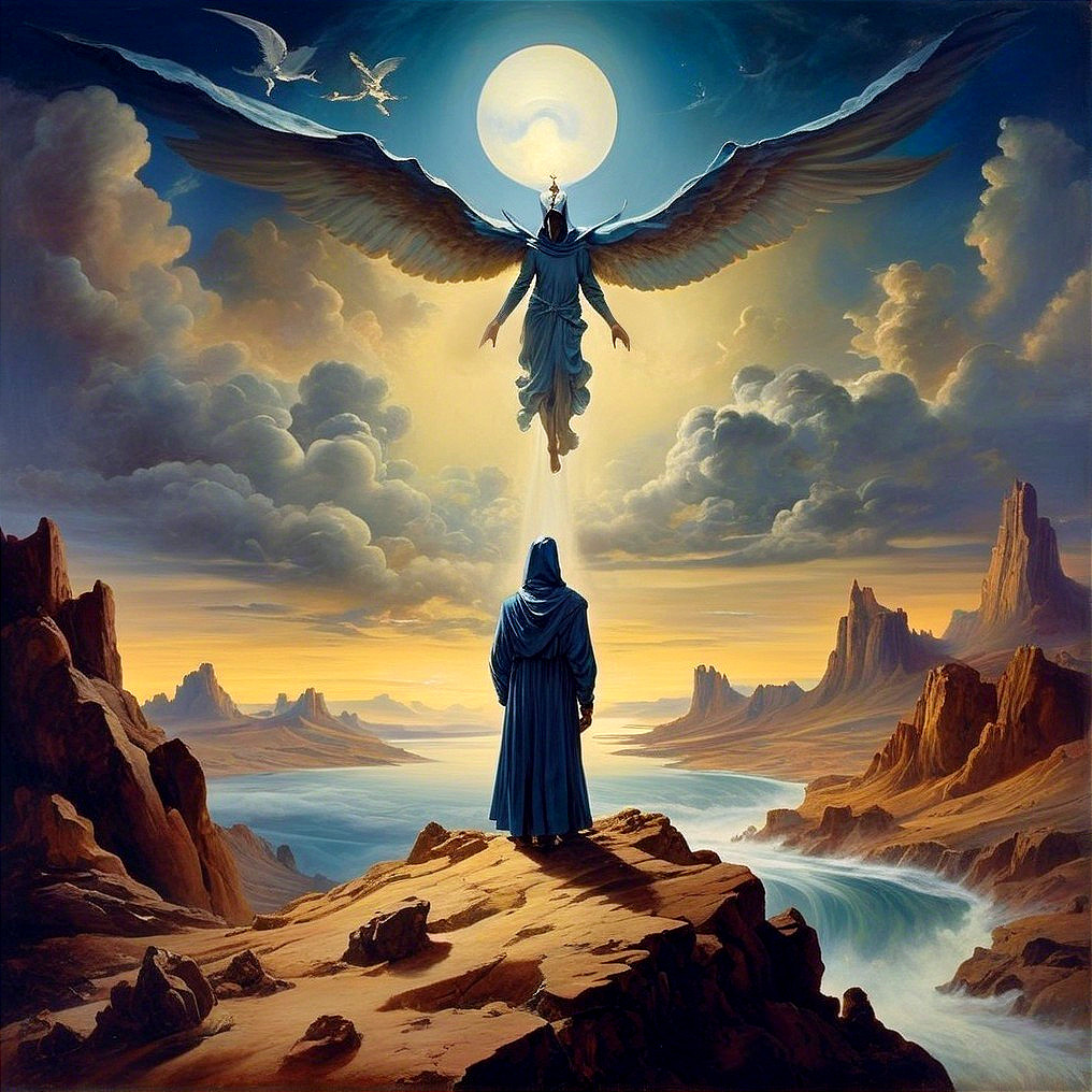 Serene landscape with figure and majestic angel under moon