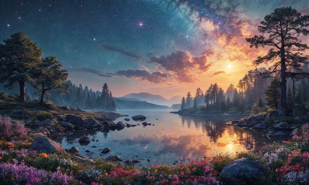 Serene Dusk Landscape with River and Vibrant Sky