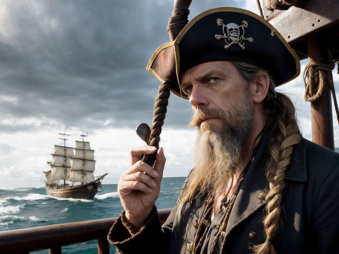 Rugged pirate at ship's helm with dramatic backdrop