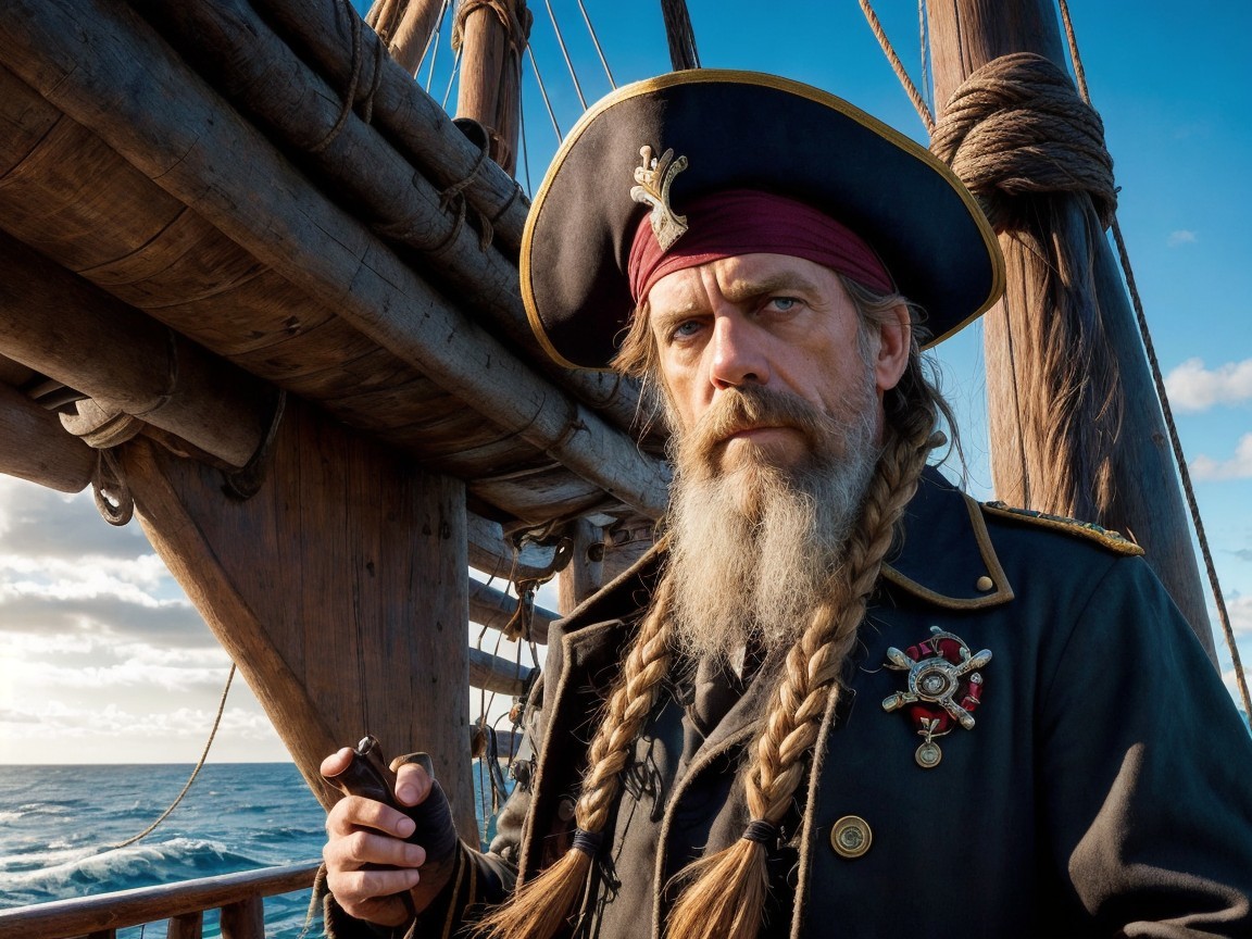Weathered Pirate Captain on Ship Deck with Ocean View