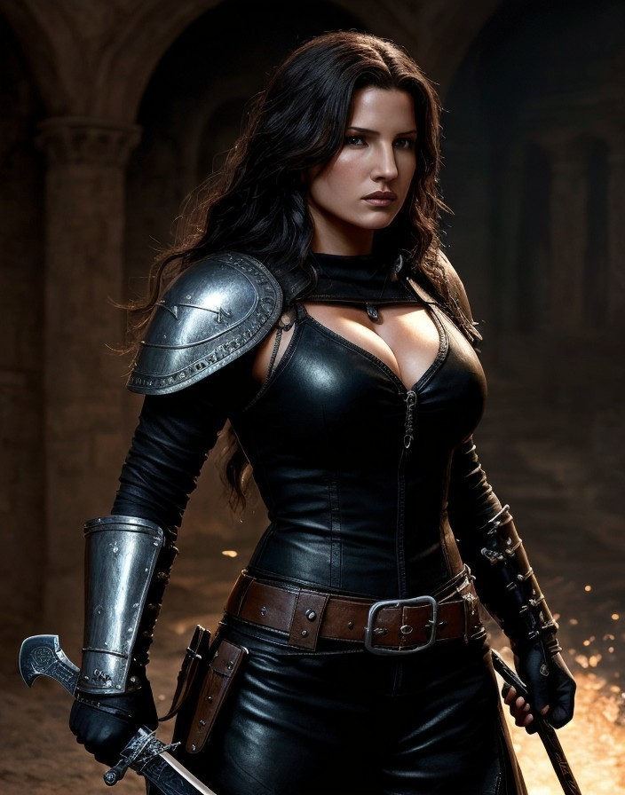 Woman in Black Leather and Armor with Sword in Castle